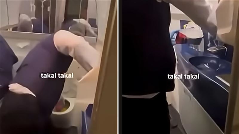 菲律賓航空的飛機航行途中廁所故障，空服員只能徒手清馬桶裡的穢物。（圖／翻攝自YouTube）