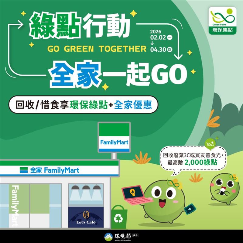 環境部攜手全家便利商店，透過「環保綠點＋全家優惠」雙重回饋機制，鼓勵民眾在春節期間將回收、惜食等環保行為化為實質回饋。（圖／環境部提供）