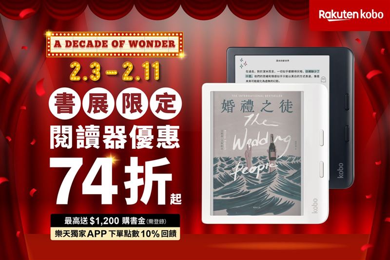 樂天市場Kobo電子書限時75折、閱讀器獨家享APP下單10%點數回饋。（圖／品牌業者提供）