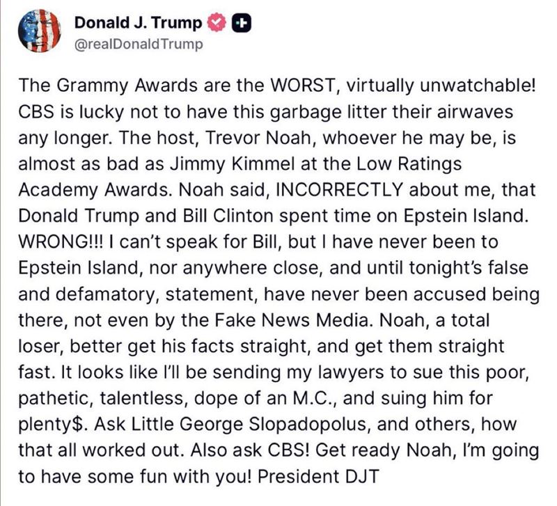 川普發文怒斥葛萊美獎是「史上最爛、幾乎沒辦法看」的節目,直指主持人崔佛諾亞是一個「徹底的失敗者(total loser)」、「可憐且毫無才華的笨蛋主持人」。(圖/翻攝自川普Truth Social)