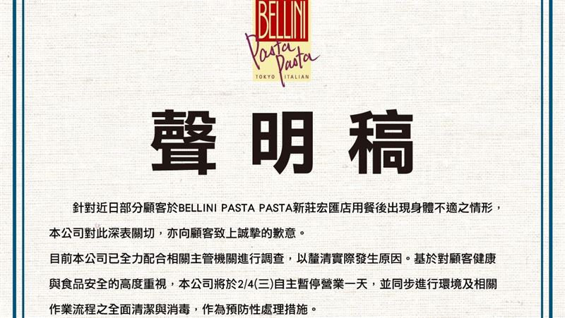 新/多人吃完腹瀉 貝里尼宏匯店今停業清消