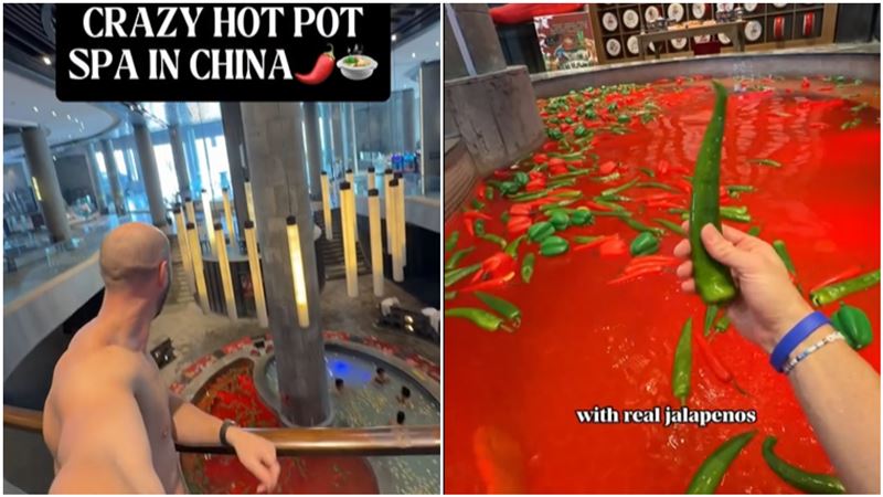 旅遊部落客在中國哈爾濱，享用「麻辣鴛鴦鍋」溫泉。（圖／翻攝自IG@counting.countries）