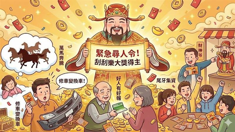 財神爺突襲檢查，你準備好了嗎？台彩證實熱銷款「2000萬超級紅包」與「1200萬大吉利」批售一空，全台正瘋狂協尋大獎得主！目前基隆已開出首個2,000萬，而得獎理由更是千奇百怪：有人夢見萬馬奔騰、有人好心撿存摺，甚至有人撞車後轉運換新車。這些莫名其妙的巧合，或許就是財神降臨的暗號，下一個被挑中的幸運兒，可能就是你。（AI製圖）