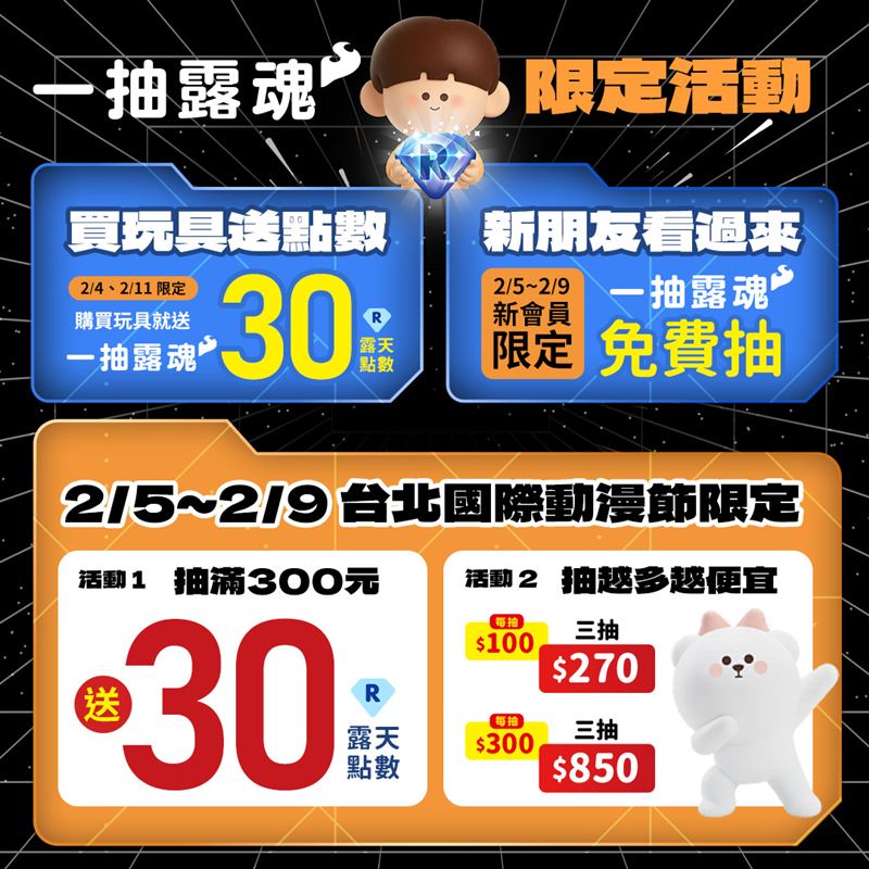 從露天年度銷售數據發現最受Z世代歡迎的服務一抽露魂，在動漫節攤位祭出多抽限時優惠活動。（圖／品牌業者提供）