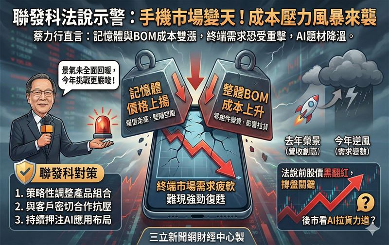 聯發科執行長蔡力行（左）於法說會中直言，記憶體與BOM成本上升，將衝擊今年智慧手機終端需求。（圖／AI製圖）