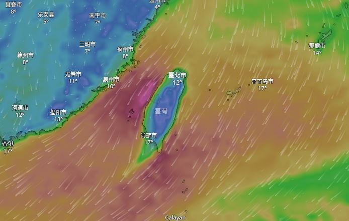 最快週五晚間起冷空氣南下，中部以北、宜花地區天氣明顯轉冷。（圖／翻攝自Windy.com）
