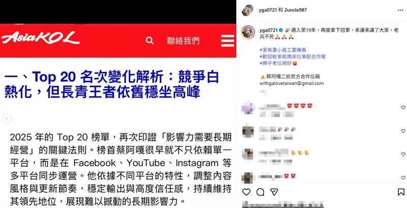 蔡阿嘎得知消息後開心轉發，幽默表示：「邁入第19年，再度拿下冠軍，承讓承讓了大家，老兵不死」。（圖／翻攝自蔡阿嘎IG）