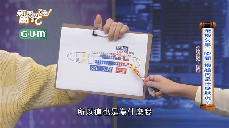 興倖存空姐黃敬雅當時坐在飛機最後面，所以空難當下因為「後座用力」貼壁沒撞到任東西。（圖／翻攝自新聞挖挖哇YouTube）