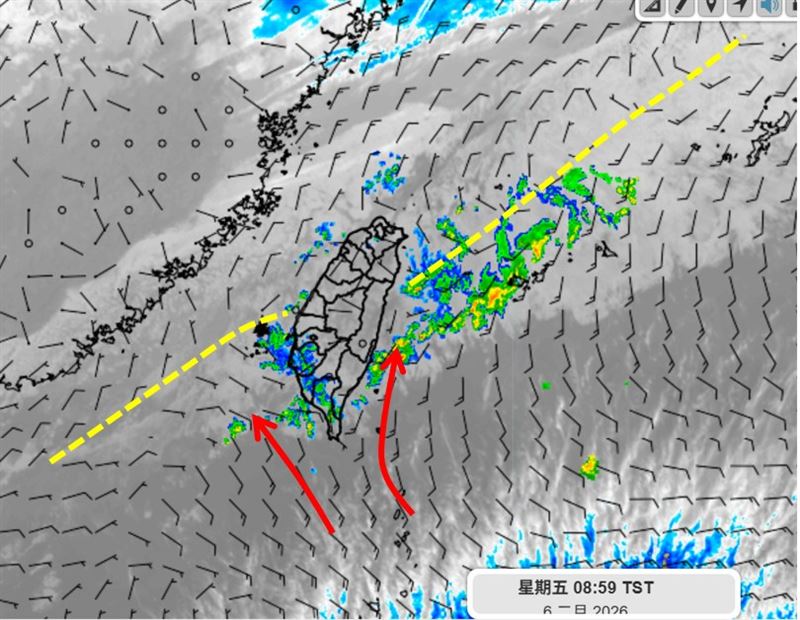 受到地面鋒面通過影響，南部先下雨。（圖／翻攝自「天氣職人-吳聖宇」臉書）