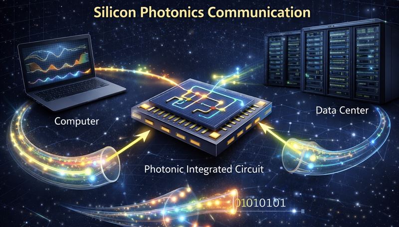 矽光子傳輸成為顯學，其中，OCS 是次世代資料中心的架構核心，其優勢在於「光進光出」的物理特性，透過微鏡面反射技術，可消除光電轉換的能耗與延遲，實現了極低功耗與超低延遲，也因此逐漸成為大型雲端服務商與超大規模資料中心強化內部網路架構的關鍵技術。（示意圖／AI生成提供）