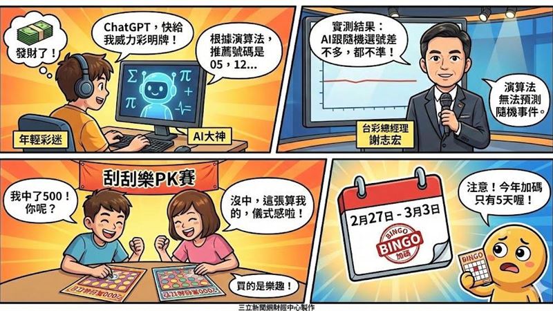 年輕人瘋用ChatGPT、Gemini算明牌，台彩總經理謝志宏在節目《白話財經》分享實測：「兩者戰績差不多，中獎純屬隨機！」雖然AI無法提高勝率，但「三星電選四倍十期」與「刮刮樂PK賽」成為新潮玩法。注意！今年BINGO BINGO加碼大縮水，僅2月27日到3月3日為期5天。（AI製圖）