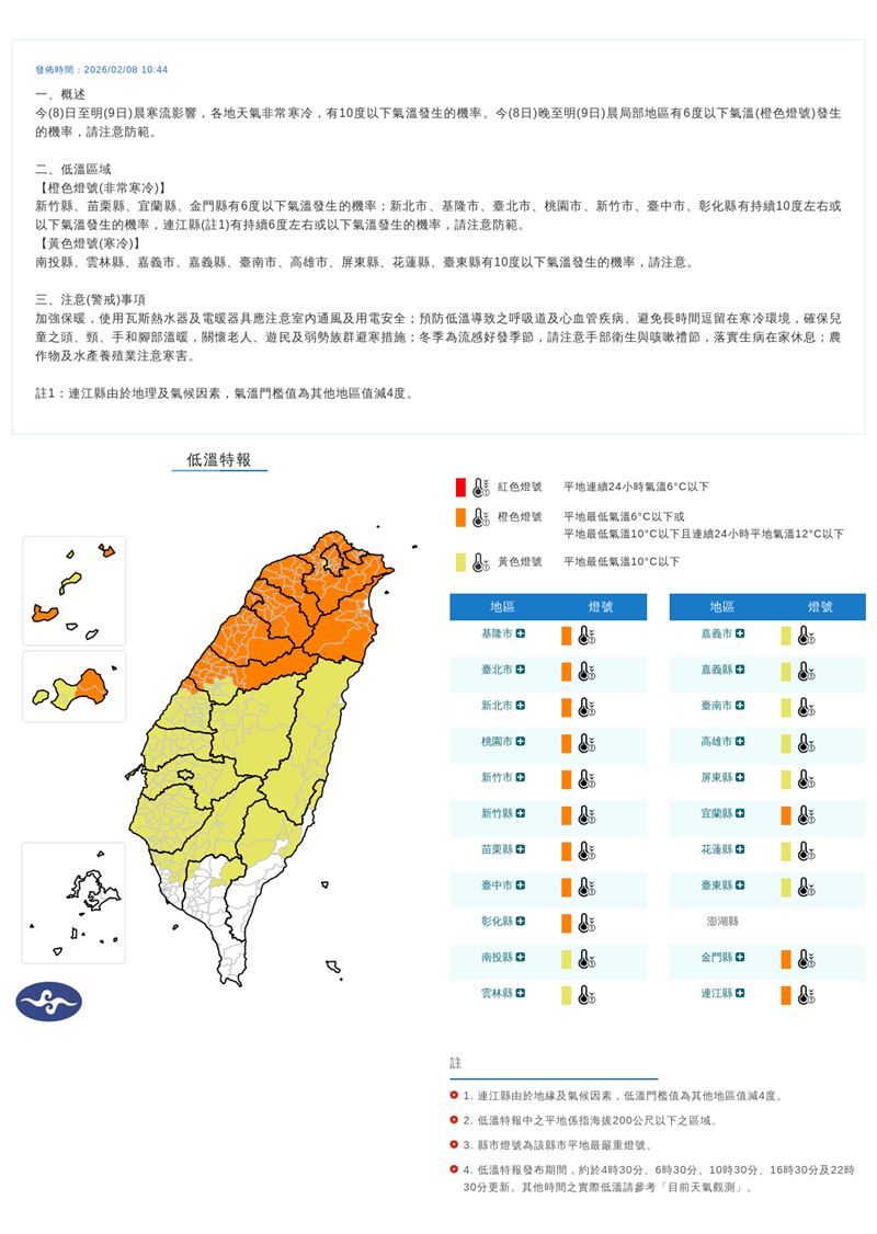 中央氣象署今（8）日10時44分發布低溫特報。（圖／氣象署）