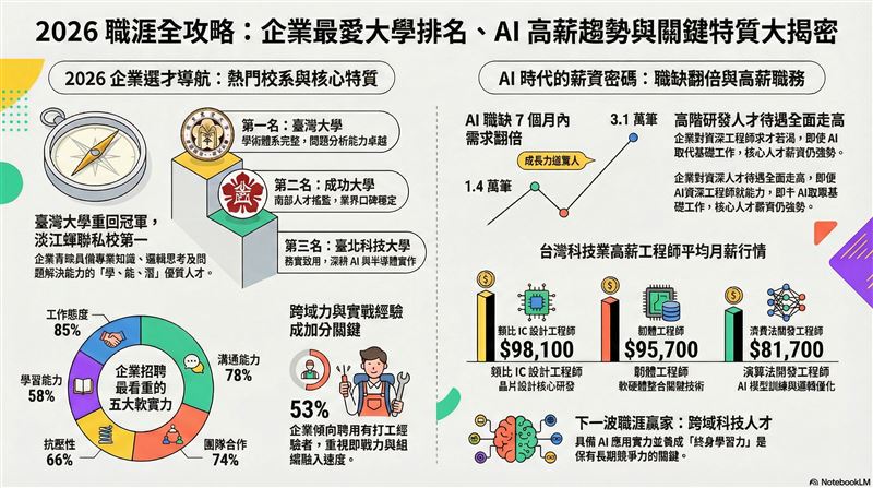 AI熱潮帶動理工人才身價，1111人力銀行數據顯示，類比IC設計工程師月薪逼近10萬元，高居榜首。學測放榜在即，為助考生選對科系，1111推出「Pei Pei社群」，整合落點分析、AI諮詢等四大利器。此外，平台舉辦發文抽AirPods活動，鼓勵學長姐分享校園經驗，傳承選系攻略，幫助學弟妹職涯起跑。（AI製圖）