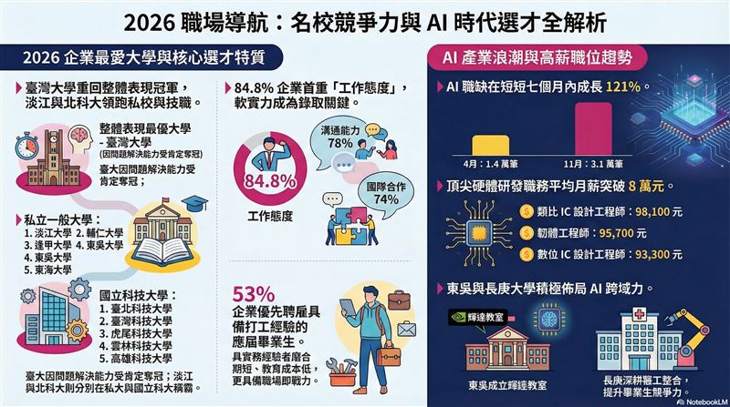 AI熱潮帶動理工人才身價，1111人力銀行數據顯示，類比IC設計工程師月薪逼近10萬元，高居榜首。學測放榜在即，為助考生選對科系，1111推出「Pei Pei社群」，整合落點分析、AI諮詢等四大利器。此外，平台舉辦發文抽AirPods活動，鼓勵學長姐分享校園經驗，傳承選系攻略，幫助學弟妹職涯起跑。（AI製圖）