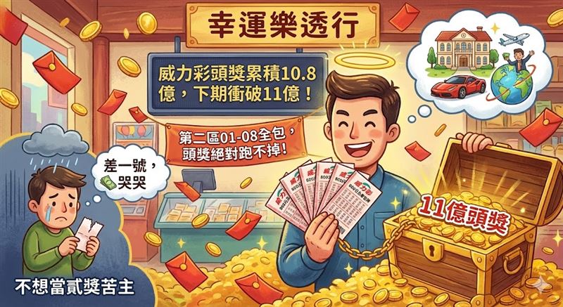 威力彩頭獎上看11億，連29槓引爆包牌熱！為避免第一區全中卻因第二區選錯、淚領貳獎的「悲劇」，資深彩迷瘋傳「800元第二區全包」神技。只要第一區幸運全中，保證頭獎不漏接，還能「母雞帶小雞」加碼7個貳獎，獎金大豐收，是高額頭獎時的最佳「保險」策略。（AI製圖）