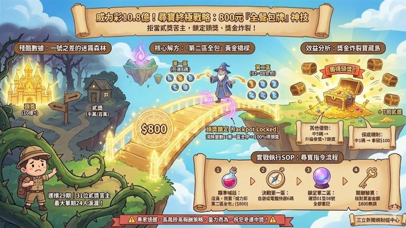 威力彩頭獎上看11億，連29槓引爆包牌熱！為避免第一區全中卻因第二區選錯、淚領貳獎的「悲劇」，資深彩迷瘋傳「800元第二區全包」神技。只要第一區幸運全中，保證頭獎不漏接，還能「母雞帶小雞」加碼7個貳獎，獎金大豐收，是高額頭獎時的最佳「保險」策略。（AI製圖）