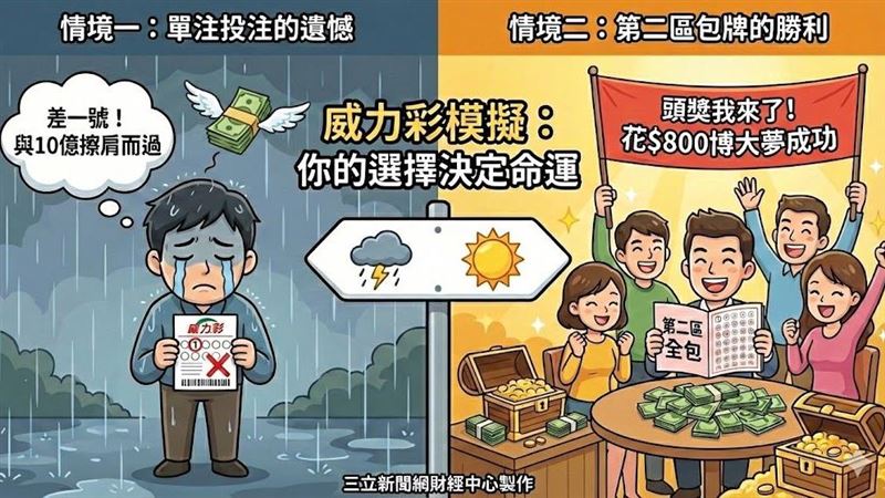 財富自由機會來了！威力彩頭獎自去年10月底以來，已連續29期槓龜，目前累積獎金衝破10.8億元。最虐心的是，這期間共有31位貳獎得主（包含今年開春後的6位），第一區6碼全中，卻因第二區差1號錯失10億頭獎。專家建議第二區包牌法，花800元鎖死頭獎，杜絕遺憾！明日2月9日週一，又到了威力彩開獎的重要日子，快去包牌下注讓人生不留遺憾！（AI製圖）