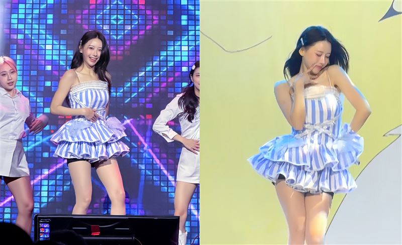 李雅英身穿她最愛的天藍色現場辣跳勁歌熱舞超寵粉。（組合圖／記者蕭翰弦攝影）