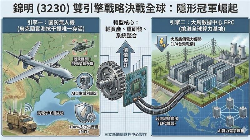 錦明（3230）無人機在烏克蘭軍方來台實測中，展現超強抗干擾能力，成為「唯一沒掉下來」的機種！旗下時速400公里的「V尾怪獸」更獲歐洲青睞。錦明靠著獨家AI鎖定技術與100%去紅供應鏈，成功打入歐洲軍工鏈，變身低調的無人機隱形冠軍。（AI製圖）