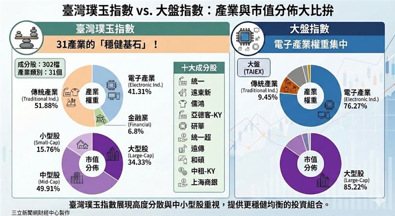 為打破台積電獨大局面，臺灣指數公司推出「璞玉指數」。透過8大嚴格條件，剔除市場過熱股，專挑獲利穩、配息佳的冷門珍珠。成分股廣布31產業，傳產權重逾5成。回測顯示，其在空頭市場勝率逾7成，具備優異抗跌性，為穩健投資人提供避開人聲鼎沸處的新選擇。（AI製圖）