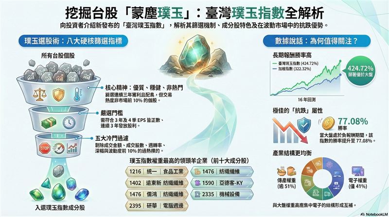 為打破台積電獨大局面，臺灣指數公司推出「璞玉指數」。透過8大嚴格條件，剔除市場過熱股，專挑獲利穩、配息佳的冷門珍珠。成分股廣布31產業，傳產權重逾5成。回測顯示，其在空頭市場勝率逾7成，具備優異抗跌性，為穩健投資人提供避開人聲鼎沸處的新選擇。（AI製圖）