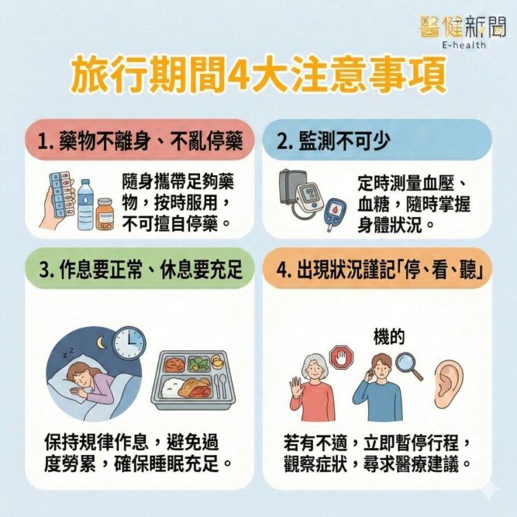 三高、慢性病者過年想要「FUN」心玩，旅行期間「4大注意事項」不可忘。（圖／醫健新聞網提供）