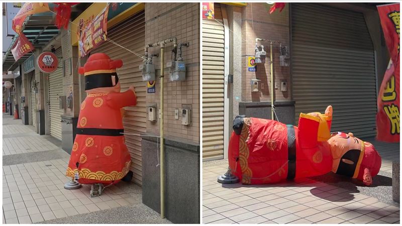 財神爺新竹彩券行狂敲門　累趴倒地網笑翻