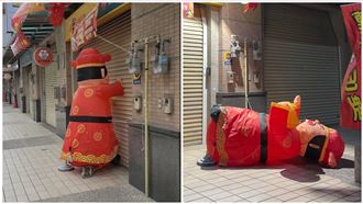 財神爺新竹彩券行狂敲門　累趴倒地網笑翻