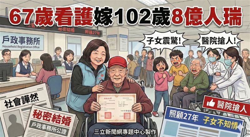 看護嫁8億人瑞成繼母！知名律師顏瑞成分析：看護恐非真愛、可能觸及刑法3大罪，還害到戶政人員。（圖／AI製作）