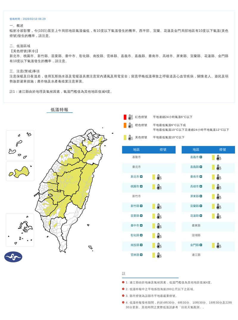 中央氣象署今早6時29分也針對16縣市發布低溫特報。（圖／中央氣象署）