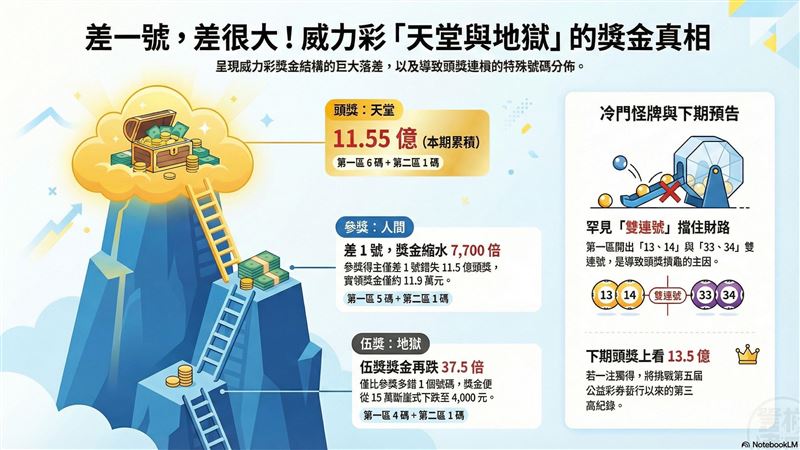 威力彩第115000012期確定連30槓，本期獎金結構呈現殘酷對比。31位參獎得主僅差1號錯失11.5億頭獎，雖僅獲15萬元，但相比之下，多錯1號的1649位伍獎得主獎金慘跌至4千元，兩者差距達37.5倍。參獎得主雖無緣億萬富翁，但「比下有餘」的心情成強烈對比。下期頭獎上看13.5億，將創第五屆第三高紀錄。（AI製圖）
