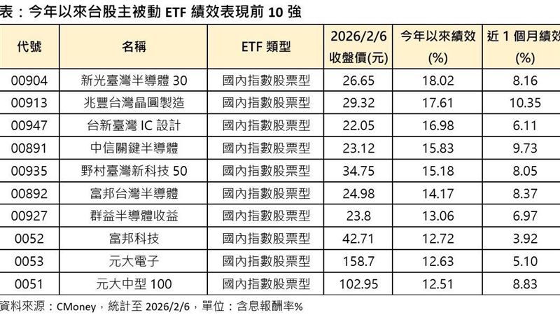 今年以來台股主被動 ETF 績效表現前10強。（圖／CMoney）