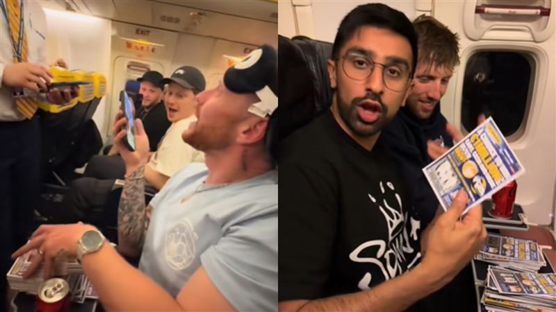 男子跟朋友一口氣買下飛機上476張的刮刮樂，但最終卻一張都沒中。（圖／翻攝自Tiktok帳號@vikkstar）