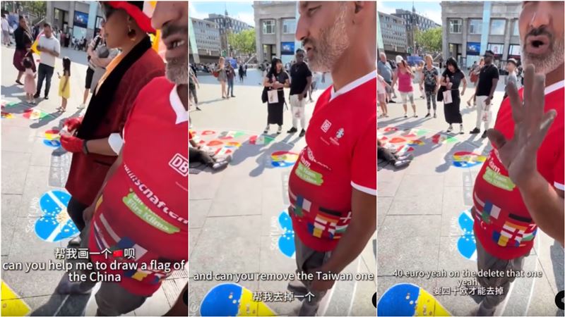 街頭畫家表示，要支付40歐元才能畫上中國國旗，把小粉紅嚇跑。（圖／翻攝自Threads）