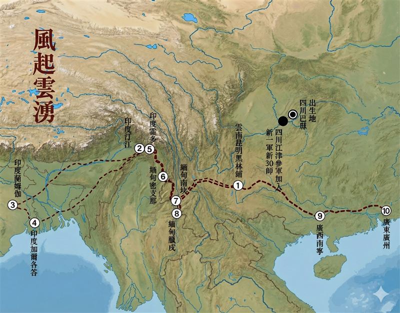 《他從遠方來》是一個女兒記錄父親的打仗壯遊史，談老兵的故事催淚動人，從前圓山動物園的鎮園之寶大象林旺，竟是作者父親的老戰友。圖文作者父親的「壯遊」遠征軍地圖（圖／麗文文化提供、AI製作）