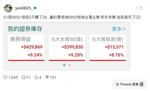 鍾允晴在貼文中分享自己的帳面損益。（圖／翻攝自Threads）