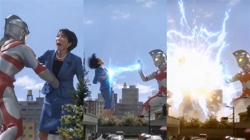 中國網友透過AI製作超人力霸王痛毆、引爆高市早苗的影片。（圖／翻攝自X平台）