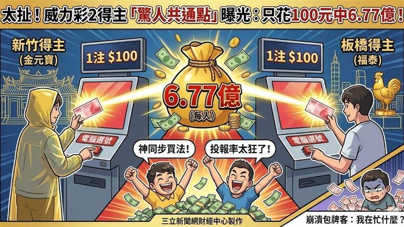 威力彩13.55億頭獎買法大公開，新竹、板橋2位得主竟「神同步」，不約而同只掏100元，買了一注「電腦選號」，直接打破所有機率預測，輕鬆抱走6.77億元！超狂的「百元起手式」與超高投報率震驚全網。大樂透明衝1.4億，快來複製好運！（AI製圖）