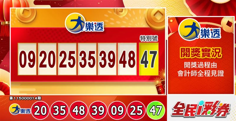 大樂透頭獎1.4億獎號。（圖／翻攝自全民i彩券）