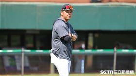 WBC台灣隊練習賽，總教練曾豪駒賽前觀看球員練習。（圖／記者劉彥池攝影）