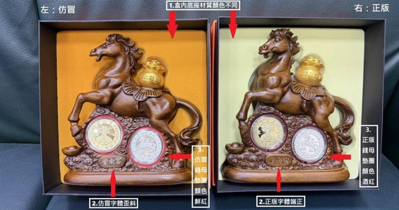 南投縣警方日前在台中查獲仿冒竹山紫南宮馬年錢母套幣434組，逮捕2名嫌。（圖／警方提供）