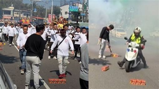 廟會爆竹佔道擋路！旗山警一腳踢開網叫好