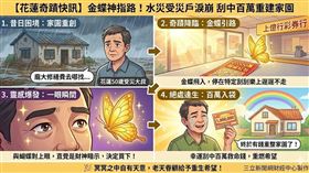 花蓮「上億行」彩券行傳出感人神蹟！一隻金黃色彩蝶飛入店內，指引水災受災戶中年男子買下特定刮刮樂，竟幸運刮中百萬。得主喜極而泣，感嘆這是重整家園的救命錢！老天眷顧，讓家園重生有了希望。（AI製圖）