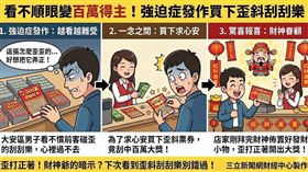 強迫症發作變百萬富翁！台北大安區一名男子因看不慣架上一張被碰歪、不整齊的「2,000萬超級紅包」刮刮樂，心生難受決定買下，沒想到竟幸運刮中100萬元！店家驚呼：剛拜完財神廟佈置完就開大獎，真的是歪打正著！（AI製圖）