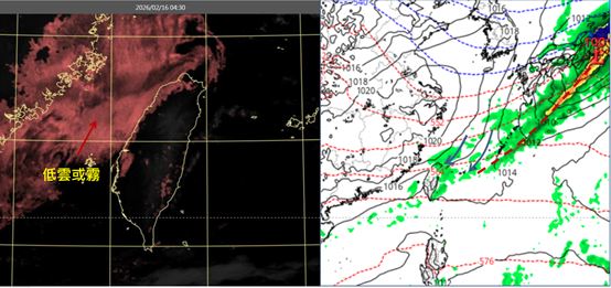 今晨4:30真實色雲圖顯示，臺灣海峽北部有低雲或霧(左)。下週三8時地面模擬圖顯示，鋒面掠過、東北季風南下，迎風面轉有雨降溫(右)