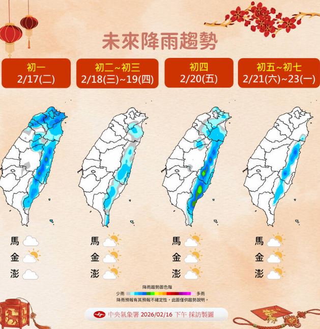初一至初二間北東雨勢較多，乾一天後又轉濕。（圖／氣象署）
