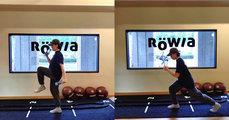 第1個動作，弓箭步的後腳向前上方抬起，再慢慢回到起始位置，執行10-16次，然後換腳重複。（圖／Rowia提供）