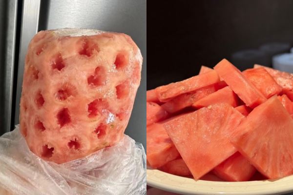 去皮的粉色鳳梨乍看跟西瓜非常類似，但吃起來口感完全不同。（圖／翻攝自微博）