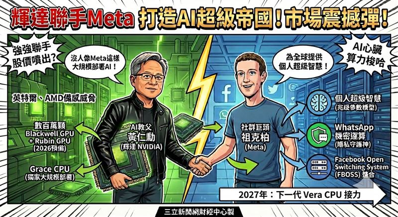 輝達宣布與Meta戰略合作，將部署數百萬顆Blackwell與Rubin GPU，擴建超大規模AI資料中心。（圖／AI製圖）