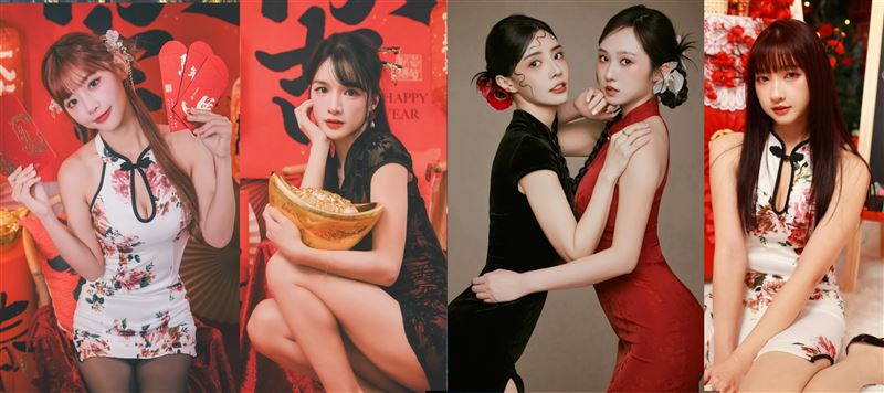 啦啦隊女神，小映（左起）、林岱縈、斐棋、艾融、張愛紛紛穿上旗袍熱舞拜年。（組合圖／翻攝自IG）
